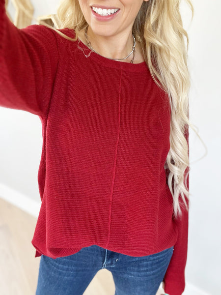 In the Know Crew Neck Long Sleeve Sweater in Burgundy – Ivory Gem