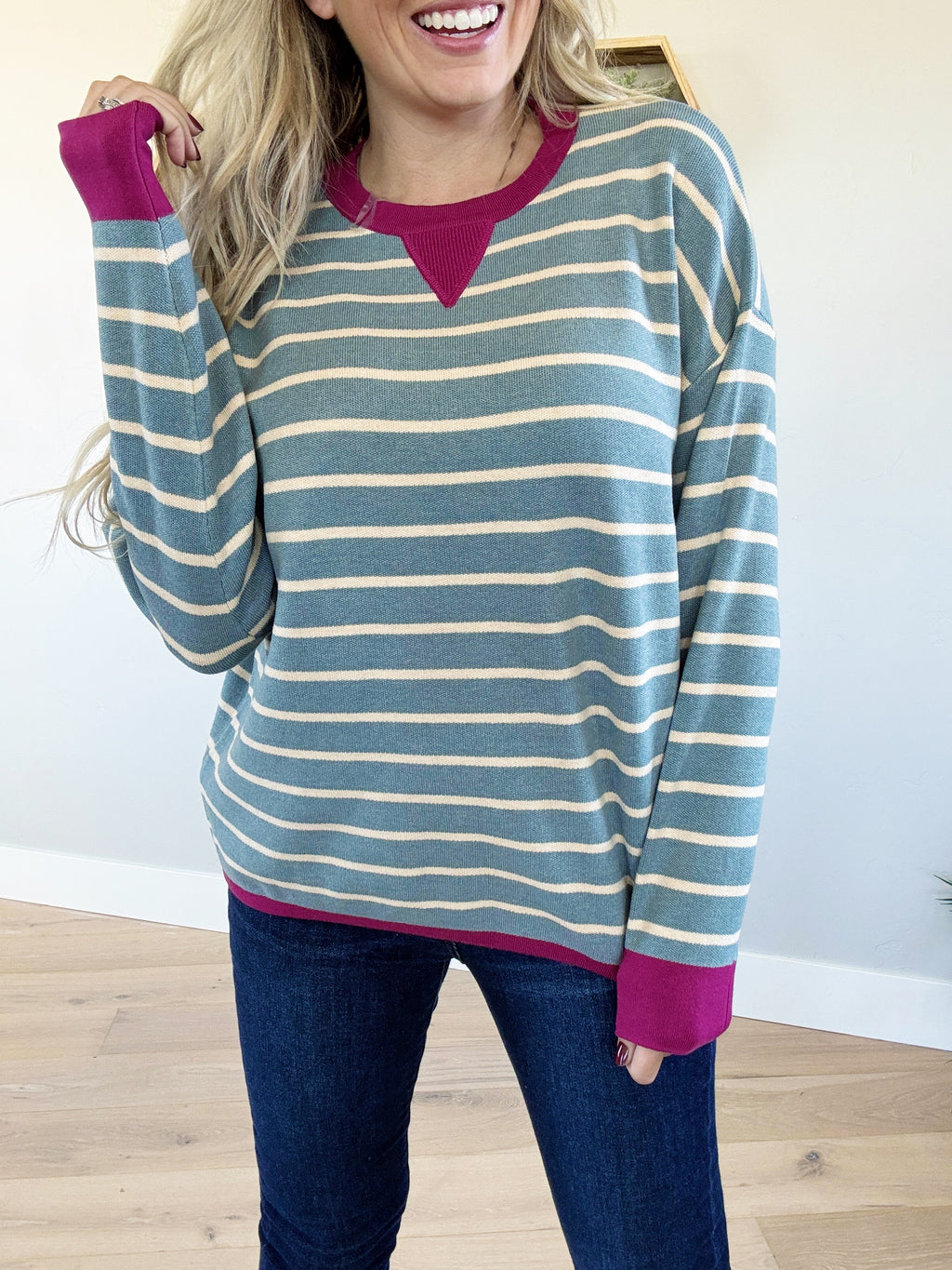 Electrified Striped Crew Neck in Slate