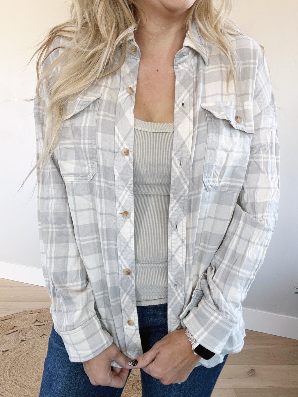 Know It All Light Flannel Shacket in Heather Gray