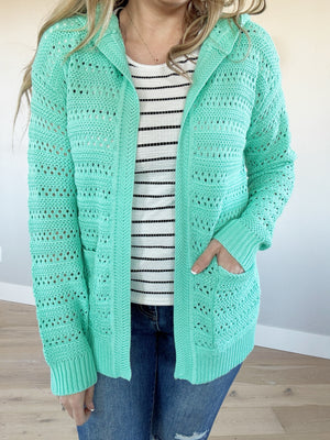 Made You Look Crochet Hoodie Cardigan in Mint