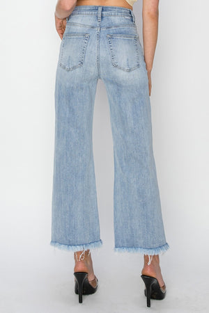 Risen High Rise Crop Wide Fray Hem Jeans