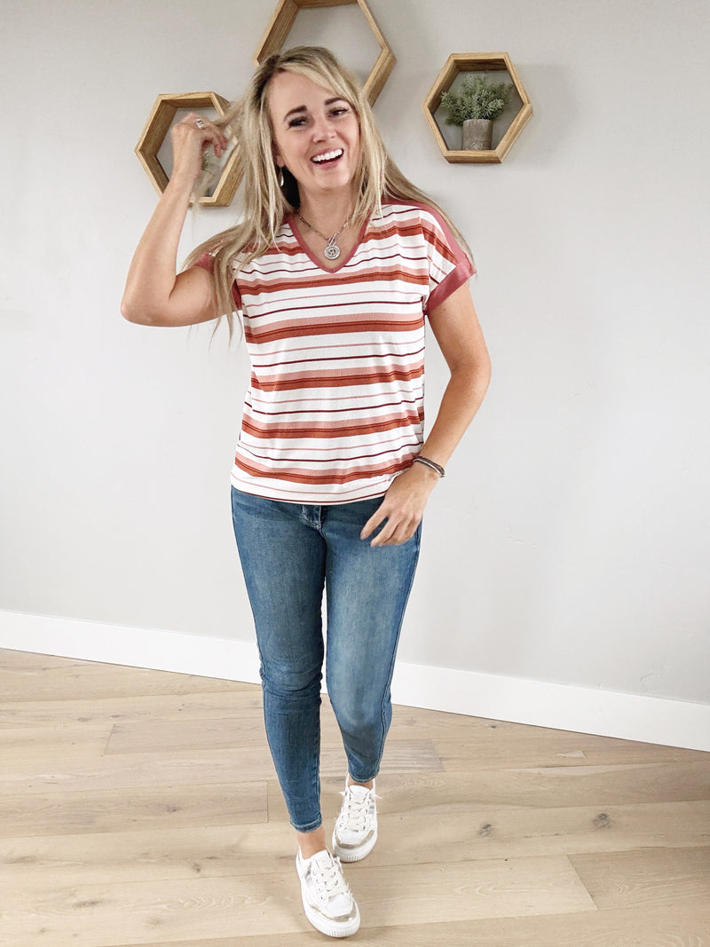 My Style V-Neck Multi-Striped Top in Marsala