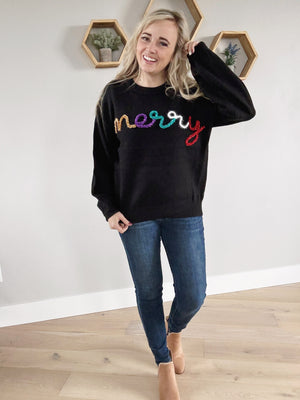 Merry Tinsel Metallic Letter Sweater in Black Multi