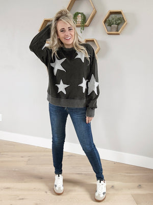 Night Sky Long Sleeve Top With Star Details in Washed Black