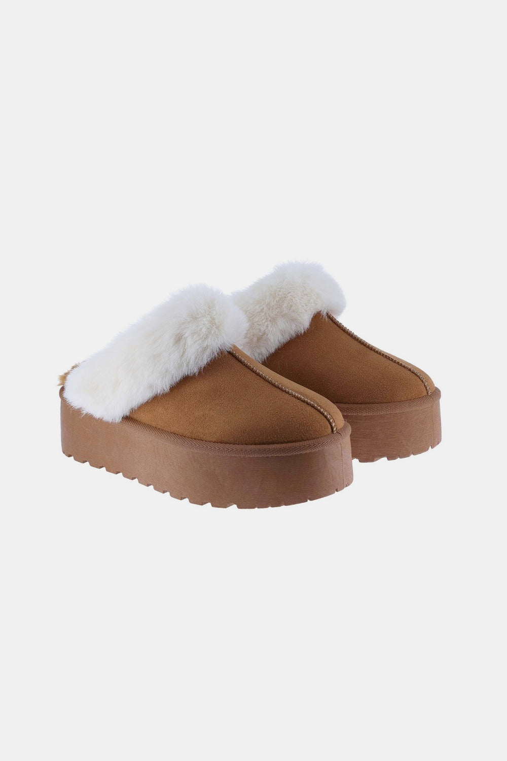 First Prize Thick Bottom Fur Trim Slipper Shoes in Tan