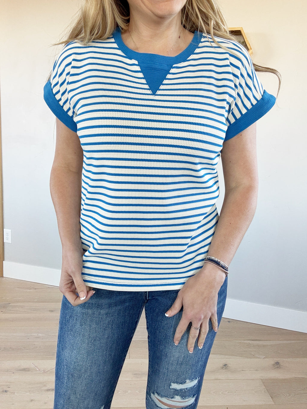 Tell Me Why Thermal Striped Top in Blue