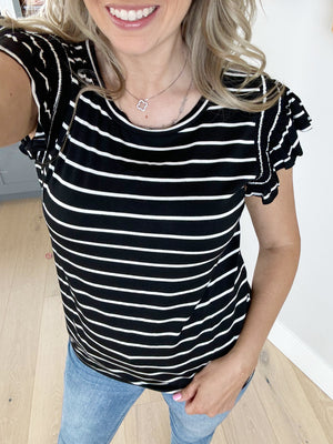 Business As Usual Striped Flutter Sleeve Top in Black