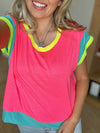 Solutions Jersey Color Block Top in Neon Pink, Jade, & Yellow