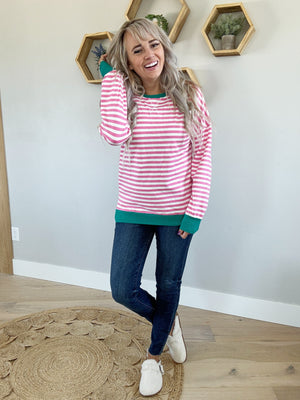 Off We Go Striped Long Sleeve Sweatshirt (Multiple Colors) (Pink Label)