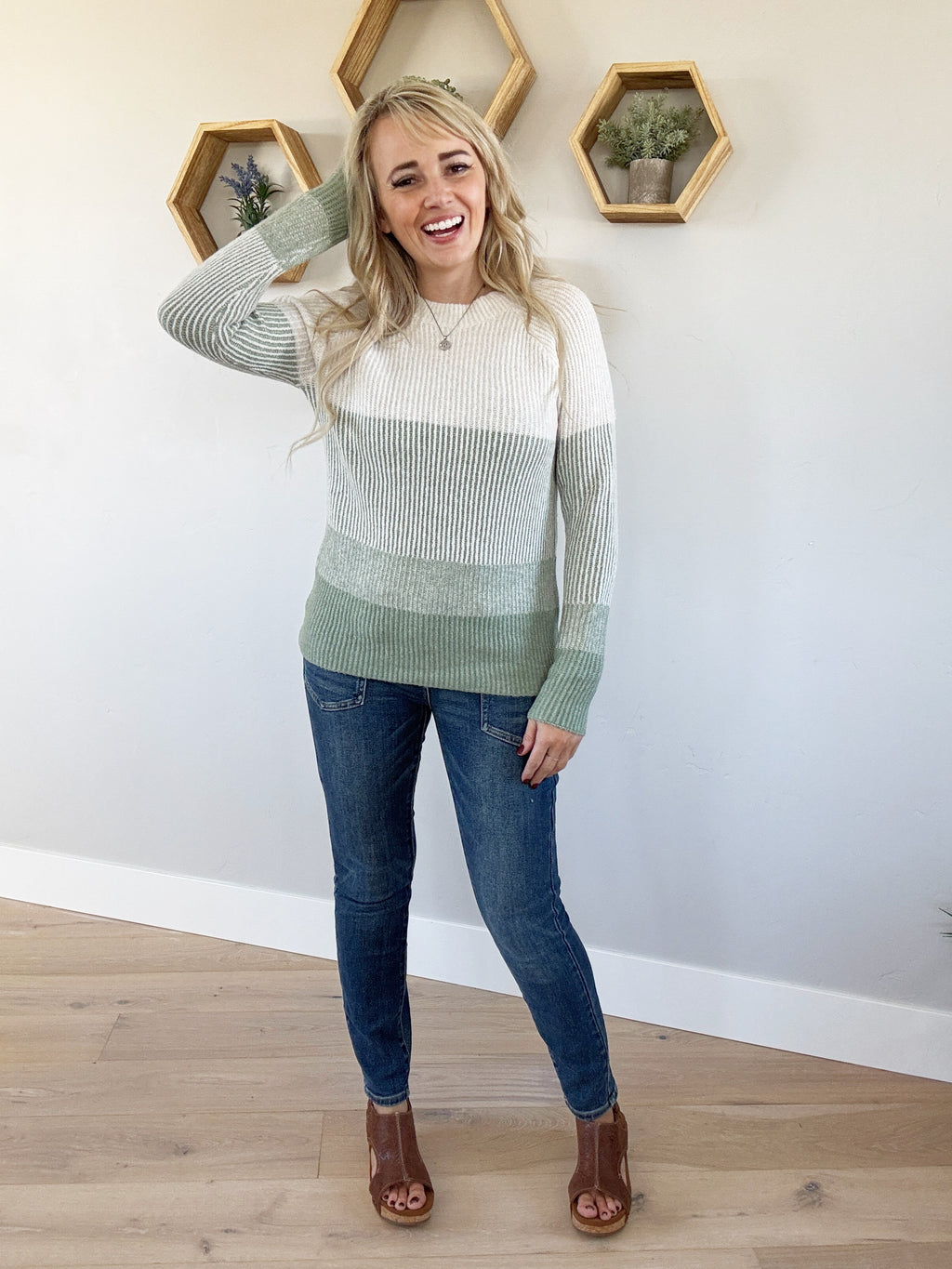 No Negativity Ribbed Color Block Sweater in Sage