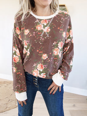 High Tea Ribbed Top in Brown Floral