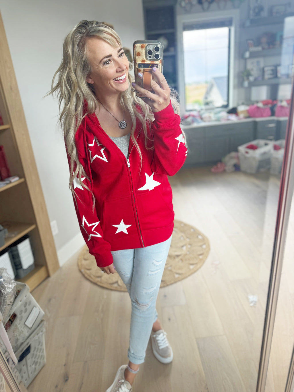 Liberty Fleece Full-Zip Hoodie in Red with Stars