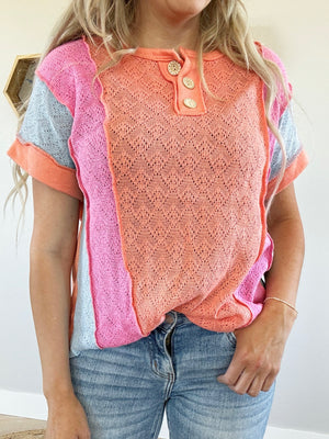 Reputation Lace Color Block Button Front Top in Coral