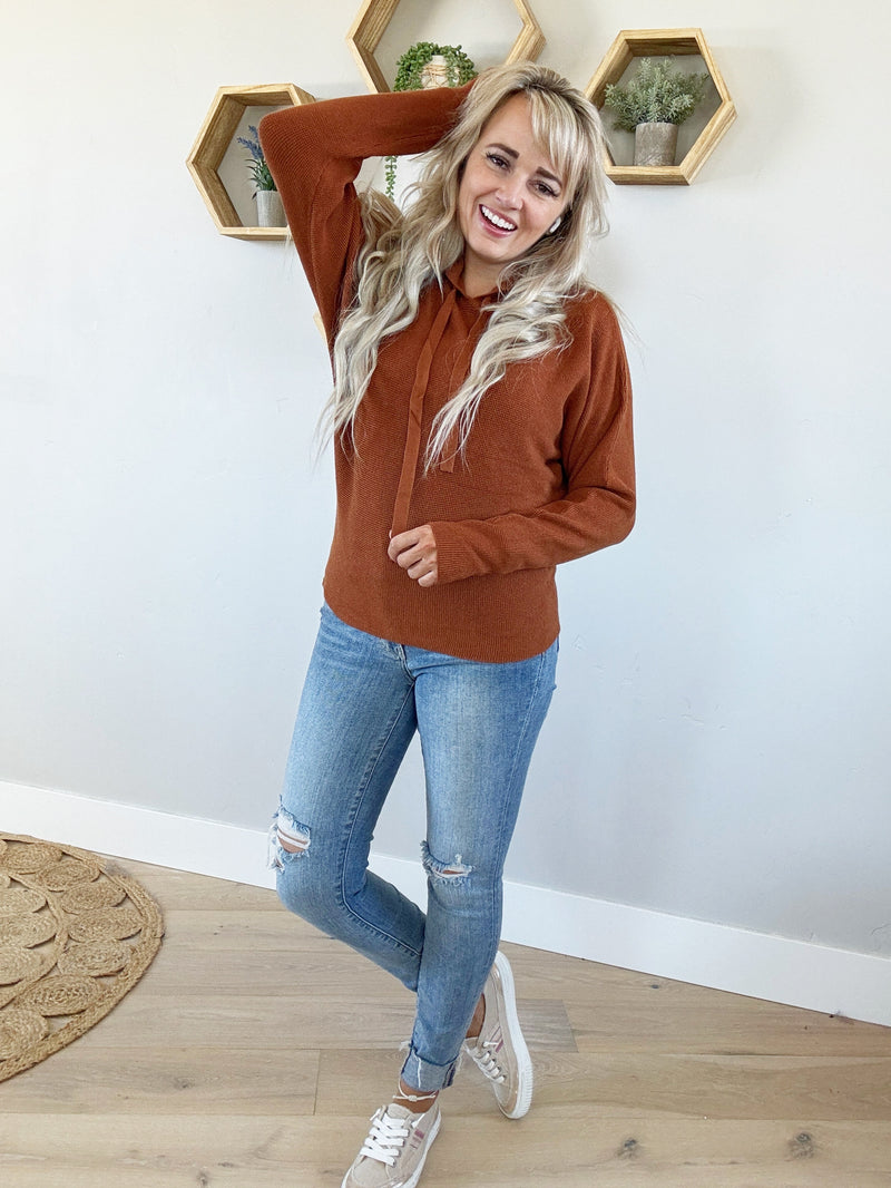 No Worries Mini Waffle Pullover Sweater Hoodie in Toffee