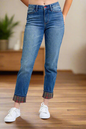 Judy Blue Plaid Cuffed Straight Leg Jeans