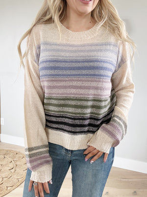 Dangerous Multi Color Striped Balloon Sleeve Sweater in Almond Mix