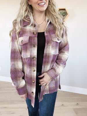 Unbalanced Raw Hem Plaid Hooded Jacket in Purple Mix