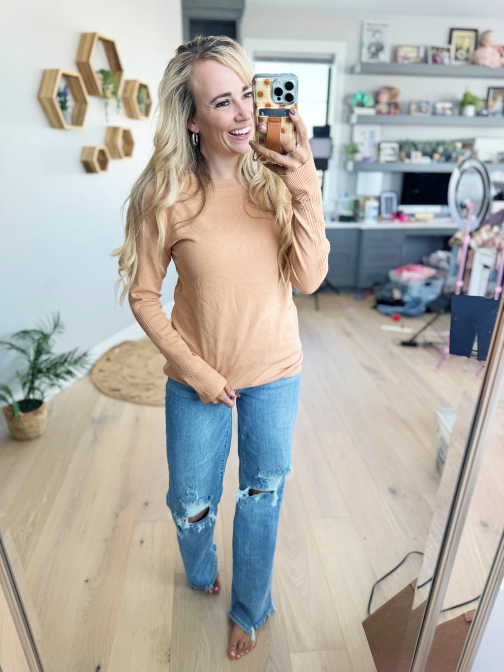 Surprise For You Long Sleeve Crew Neck Top in Apricot