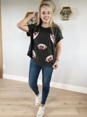 Game On Football Sequin Embroidery Vintage Washed Top