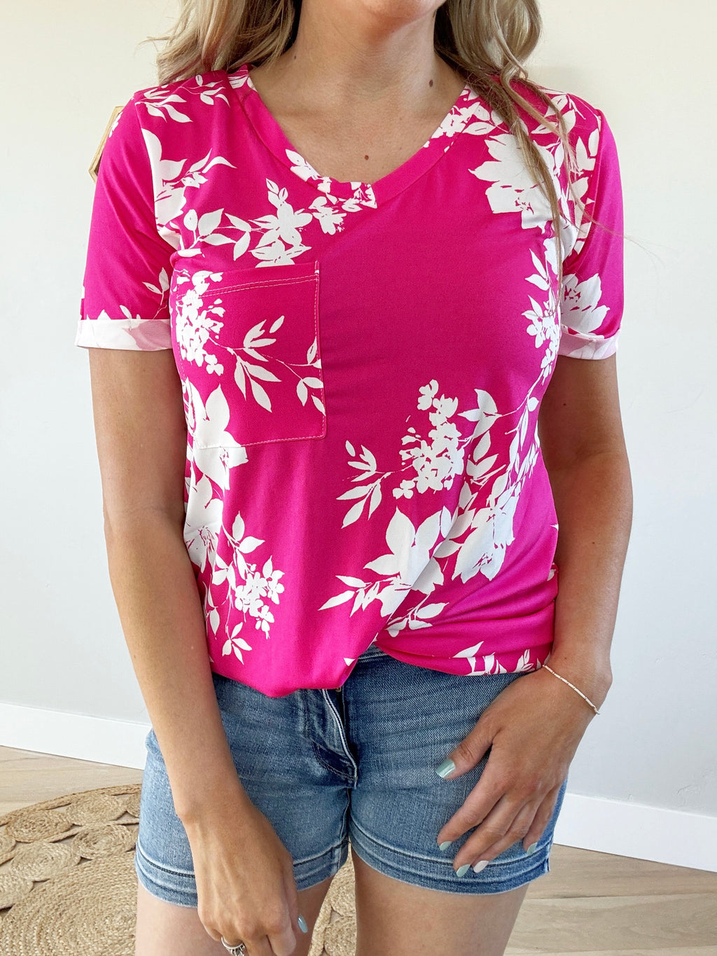 Sunset Short Sleeve Floral Top in Fuchsia