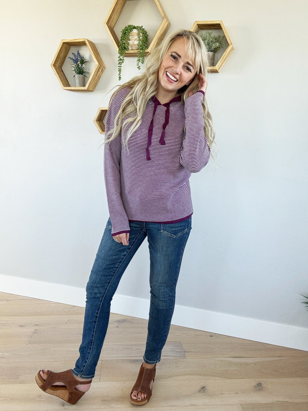 Better Off Striped Hoodie Pullover Sweater in Eggplant