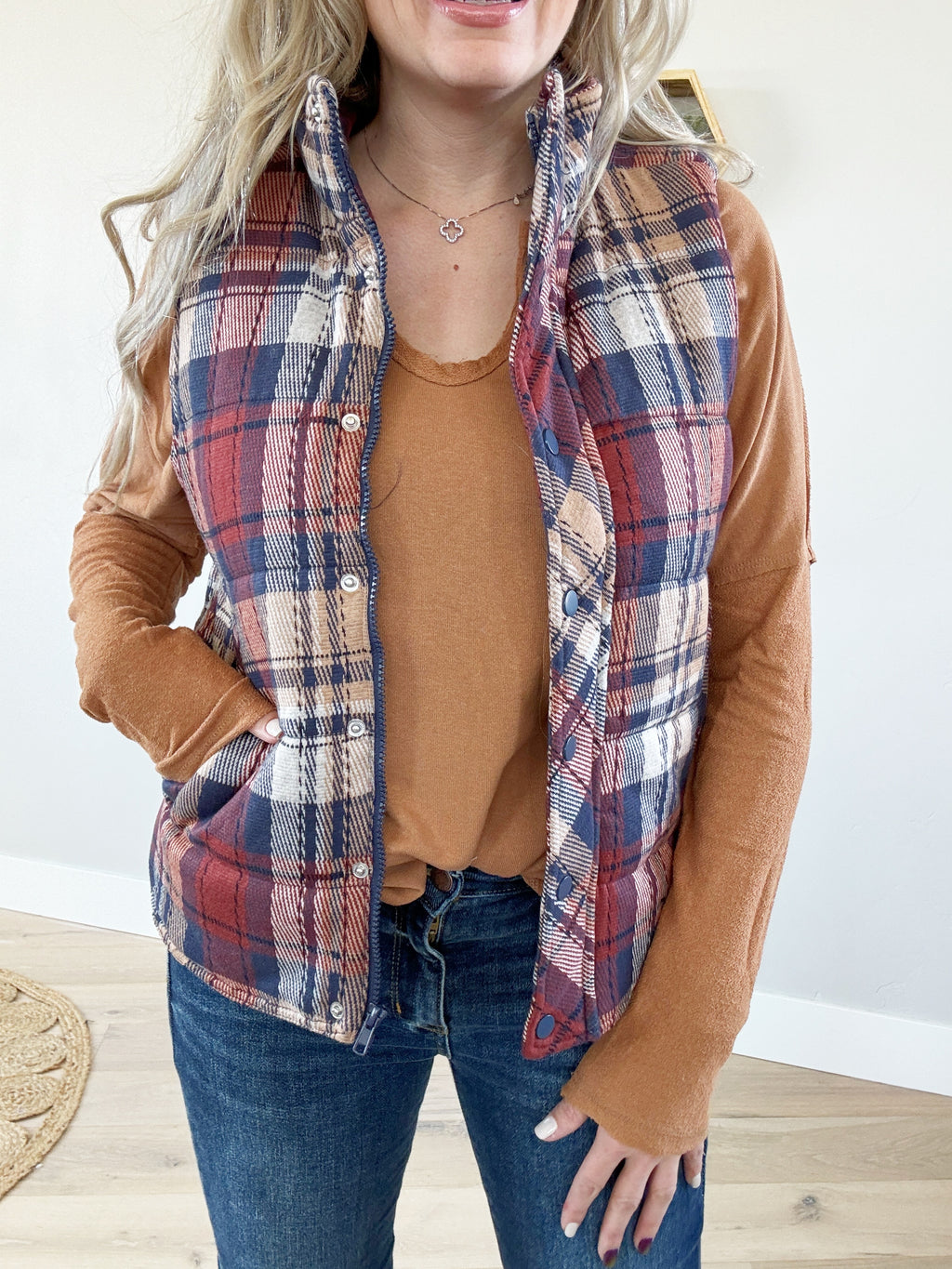 Bonfire Plaid Padded Vest in Scarlet