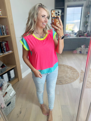 Solutions Jersey Color Block Top in Neon Pink, Jade, & Yellow