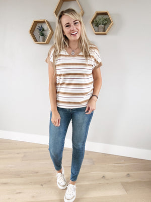 My Style V-Neck Multi-Striped Top in Taupe