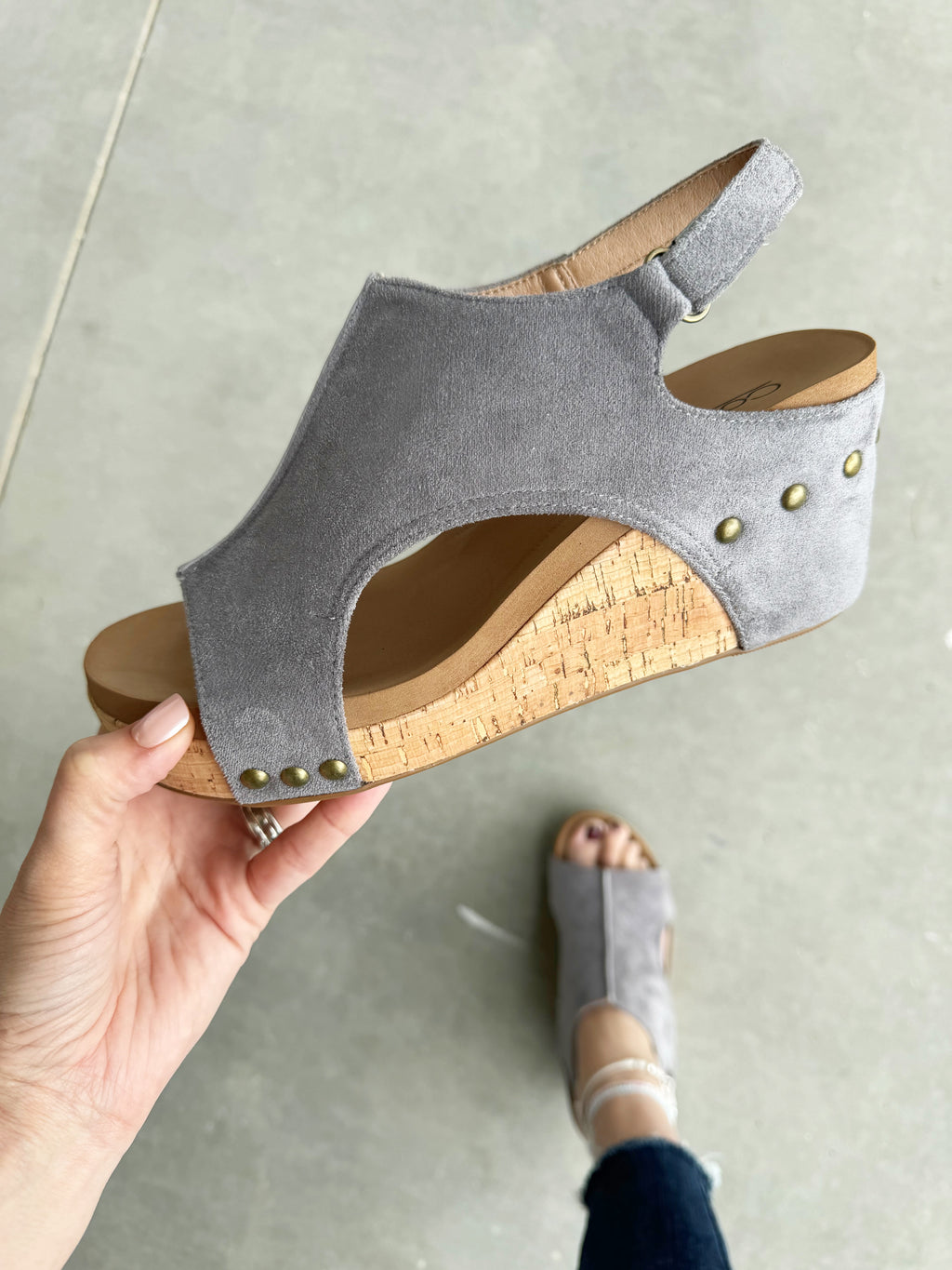 Corky’s Carley Faux Suede Sandals in Light Gray