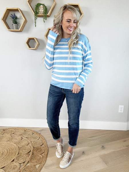 Spoiled Striped Drop Shoulder Pullover Sweater in Light Blue – Ivory Gem