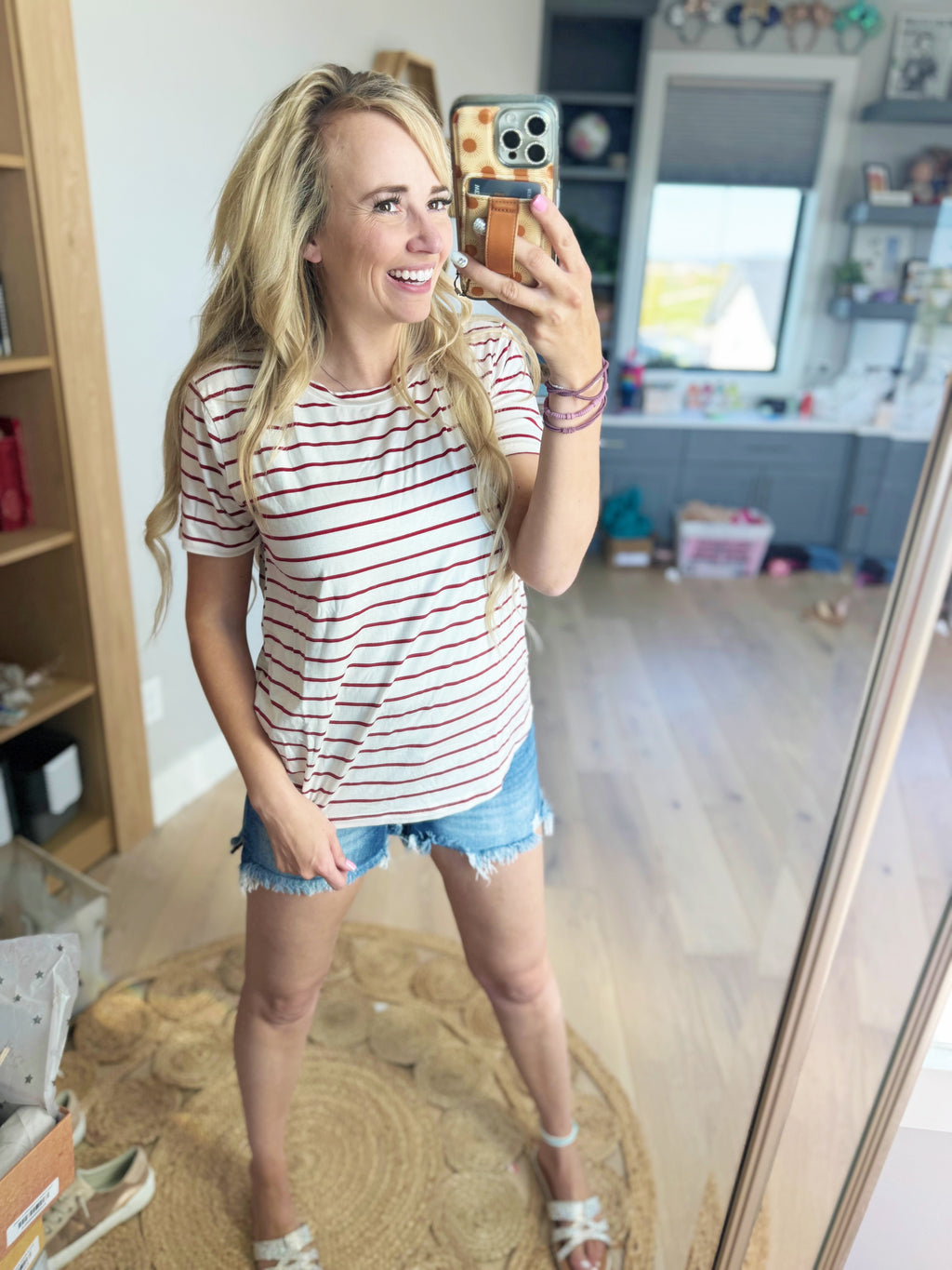 End of the Day Short Sleeve Striped Top in Ivory and Red