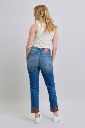 Judy Blue Plaid Cuffed Straight Leg Jeans