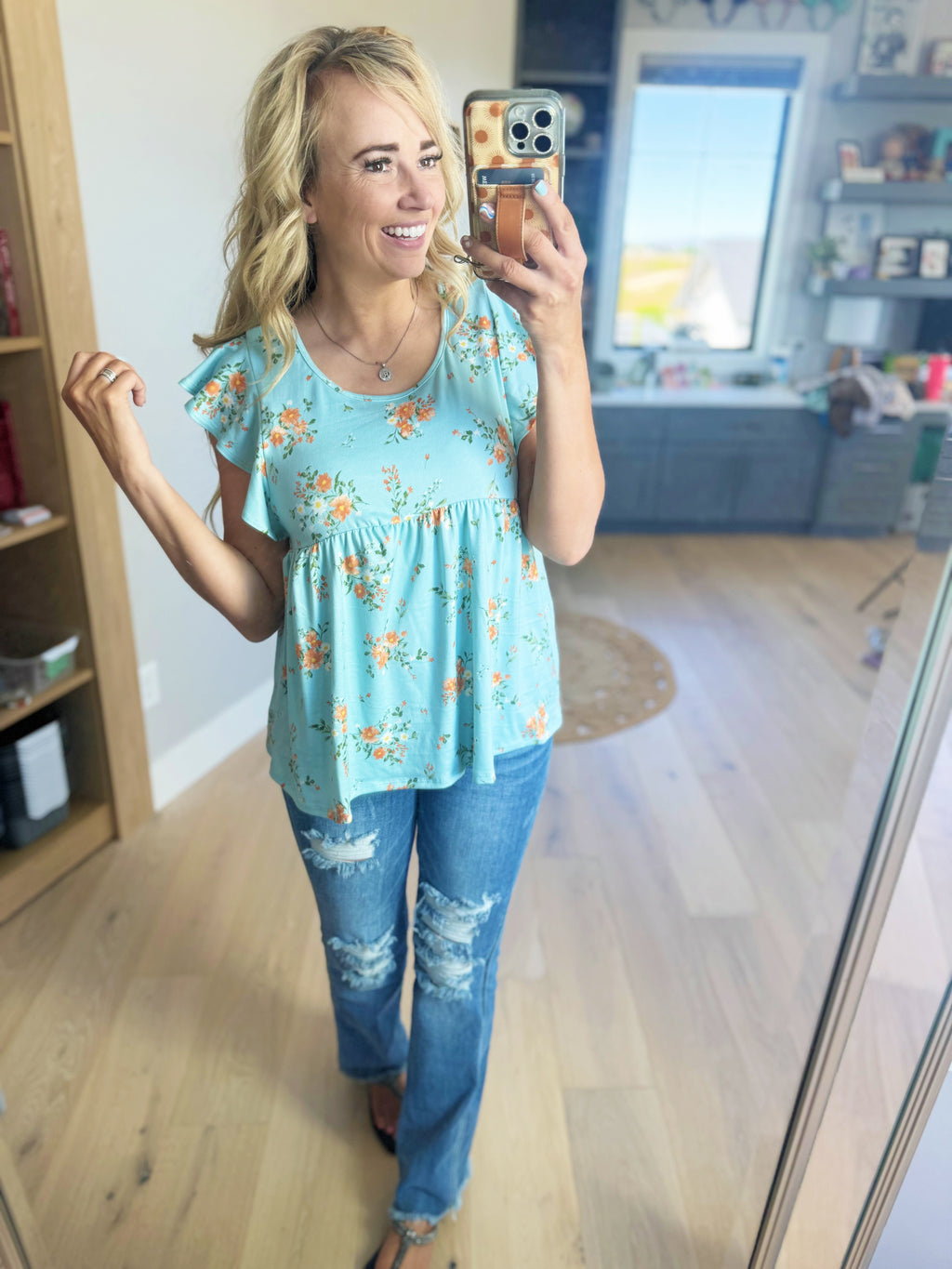 Sunshine Days Floral Print Ruffle Top in Robins Egg