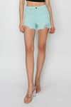 Risen Mid Rise Frayed Hem Denim Shorts