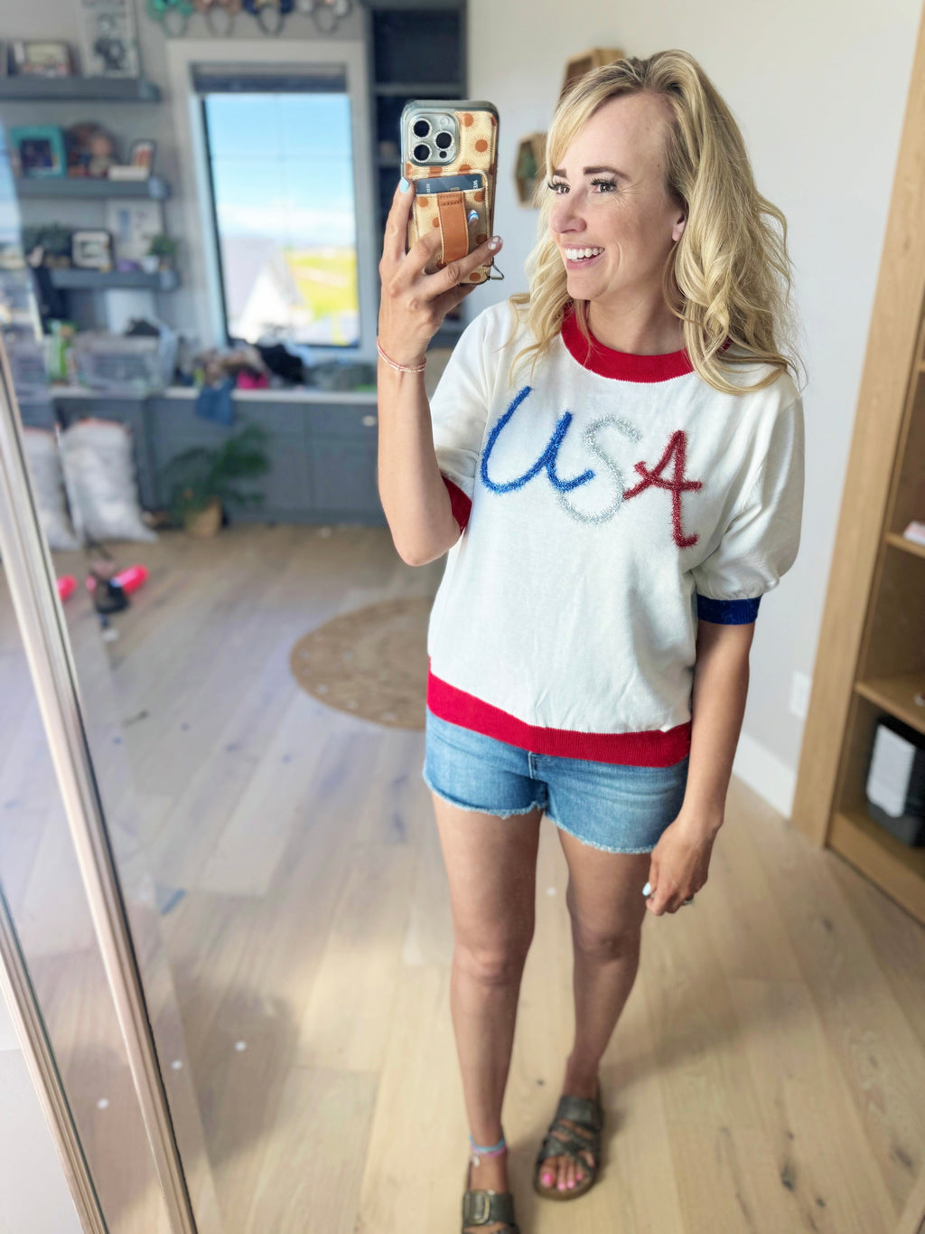 Dreamin' USA Metallic Letter Color Block Short Sleeve in White, Red, & Blue