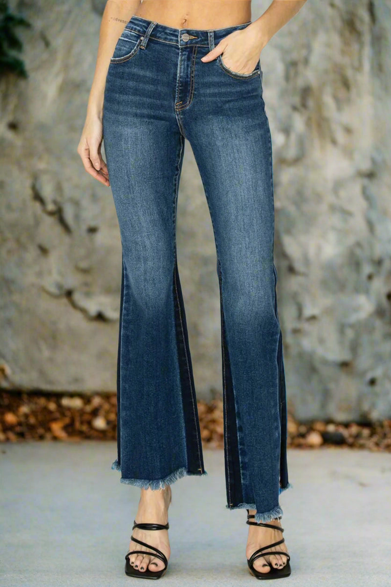 Risen High Rise Side Shadow Seam Detail Slit Flare Jeans