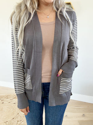 Free Falling Striped Color Block Sweater Cardigan in Dark Charcoal