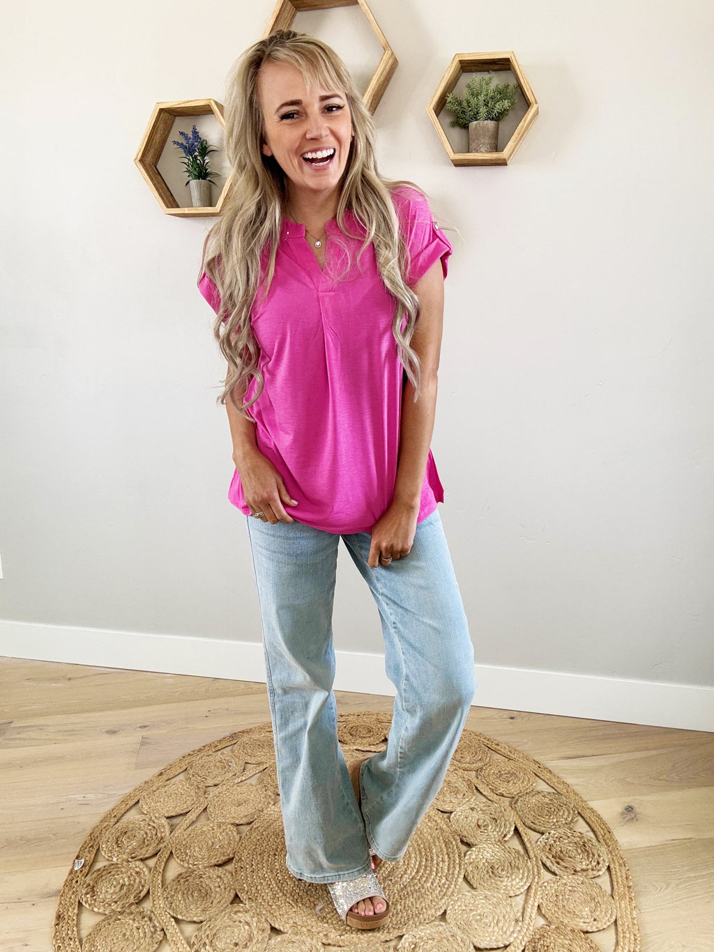 Be Happy Solid Wrinkle Free Top in Magenta