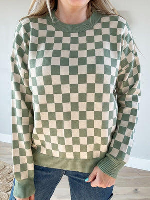 Stay With Me Checkered Pullover Sweater in Dark Mint