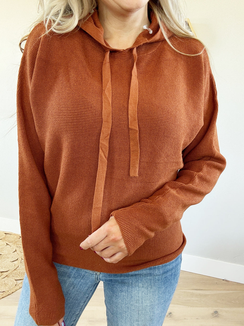 No Worries Mini Waffle Pullover Sweater Hoodie in Toffee