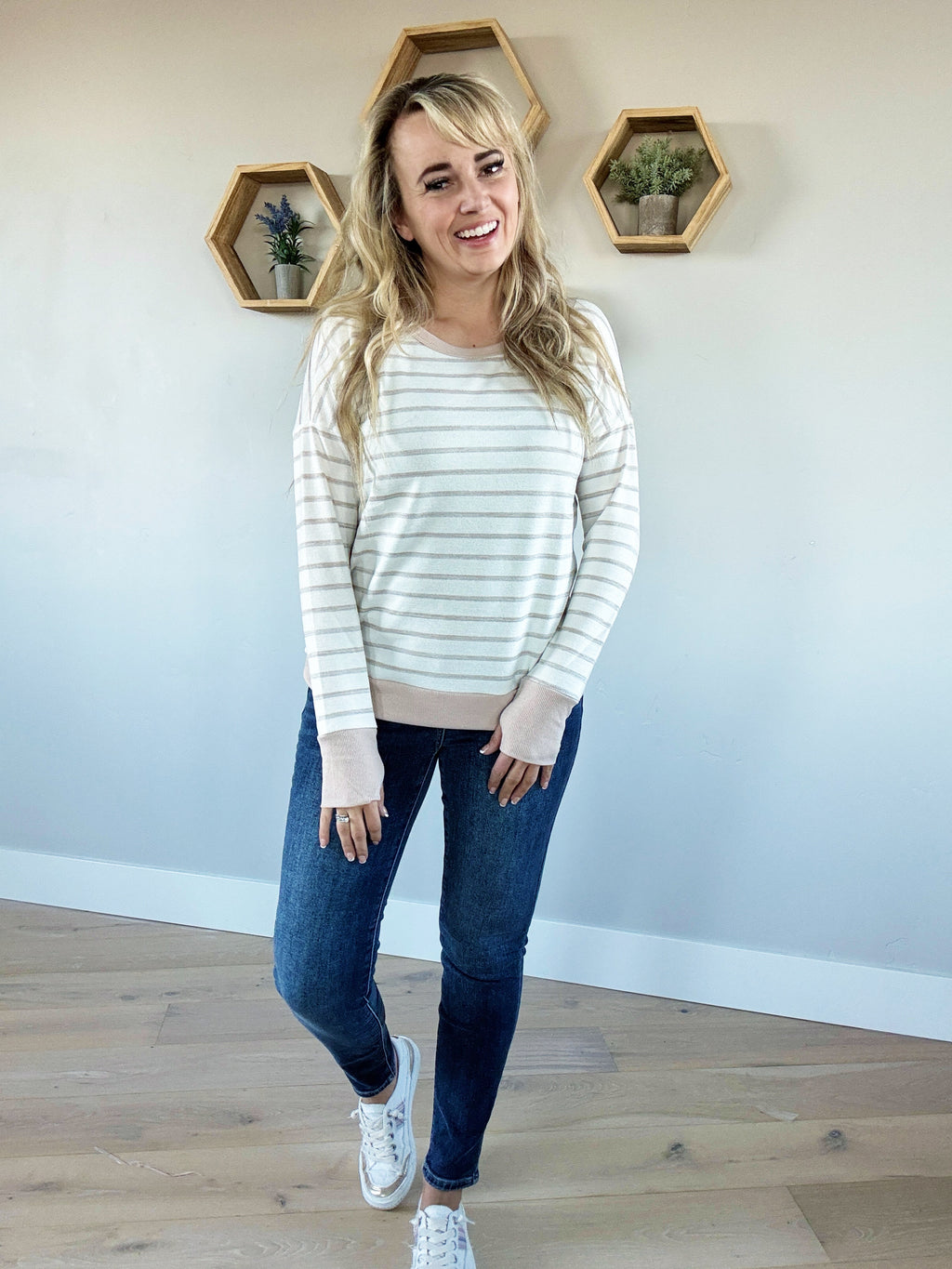 Perfect Match Wide Neck Long Sleeve Striped Top in Ivory and Taupe