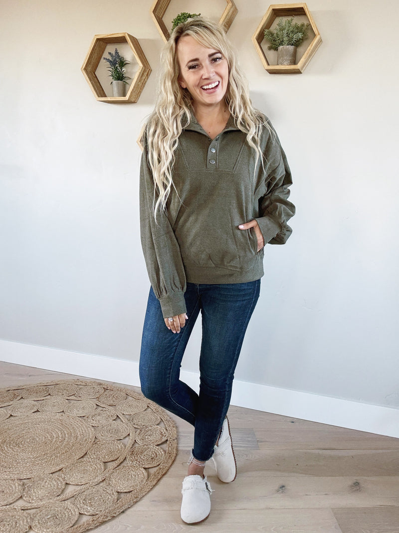 Stand Up Brushed Long Sleeve Top in Olive