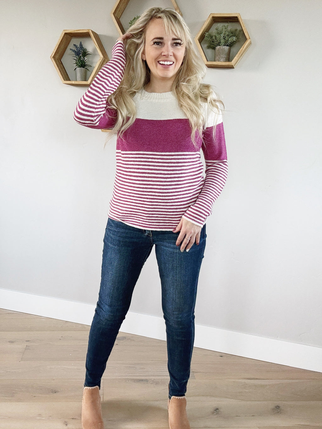 It's On Color Block Striped Crew Neck in Magenta