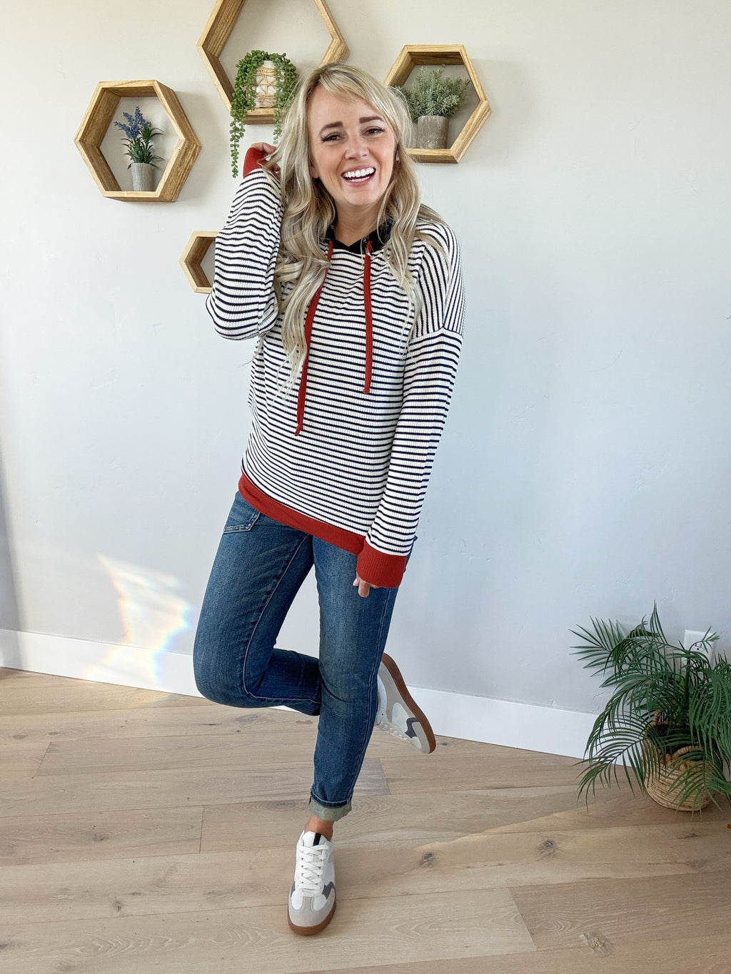 No Explanation Striped Hoodie in Ivory, Black and Red