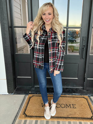 Smart & Sassy Brushed Plaid Shacket in Black and Red