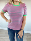 Fearless Puffed Short Sleeve Striped Top in Pink and Green