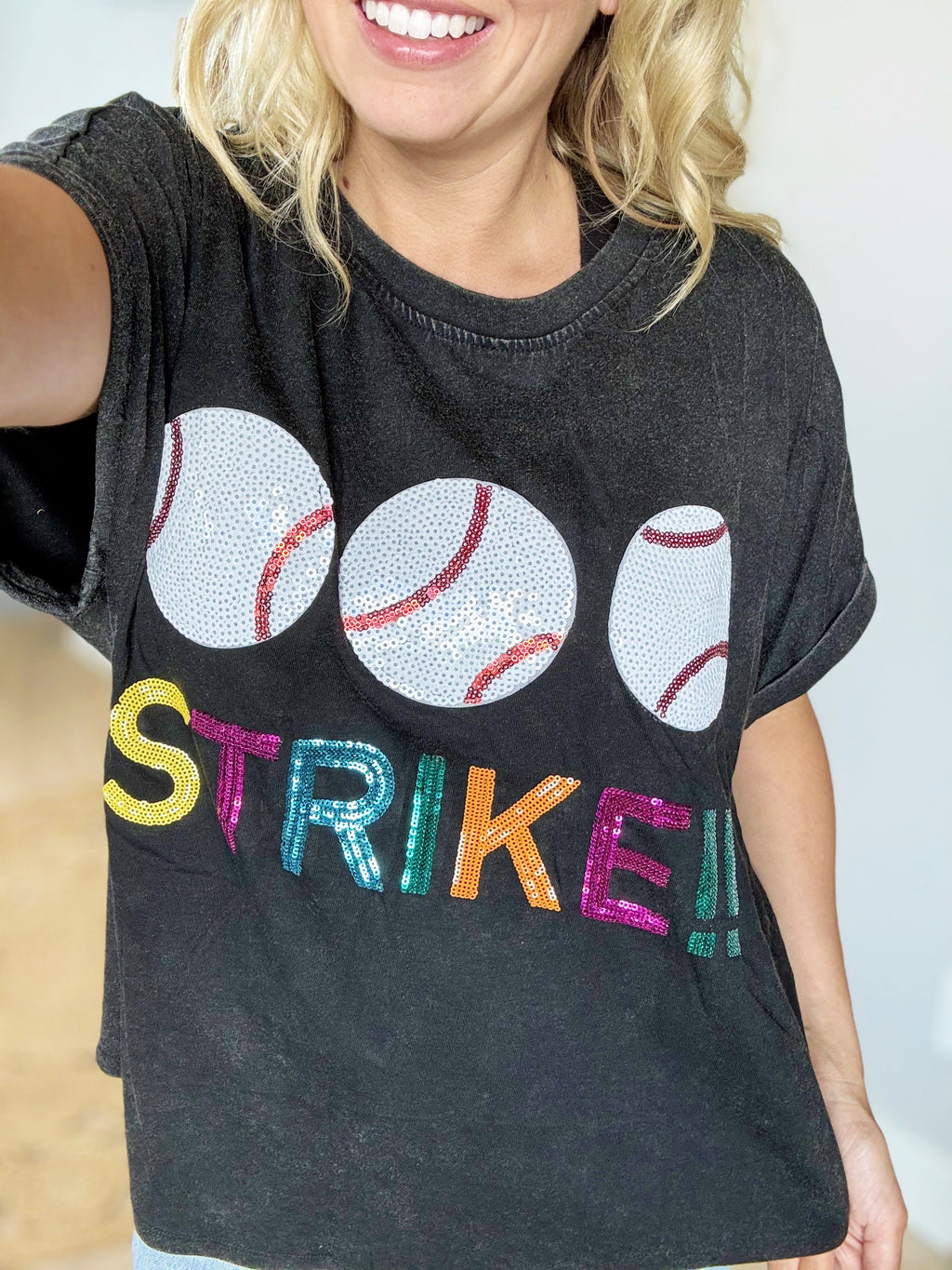 Take Me Out Sequins Baseball Strike Short Sleeve Top in Black Charcoal