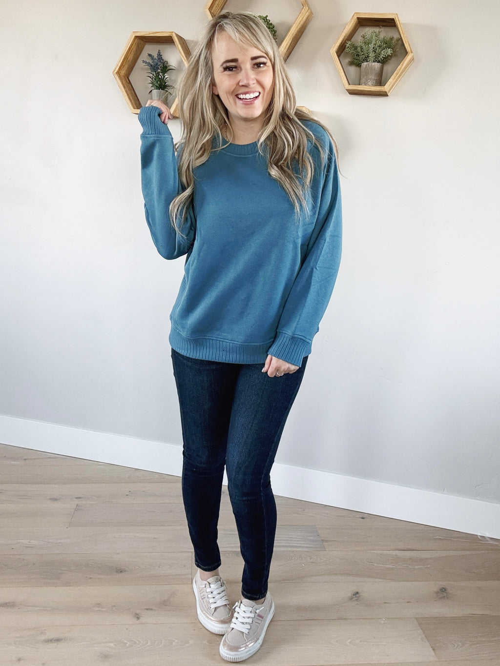 Little Bit of Love Fleece French Terry Crew Neck in Calypso