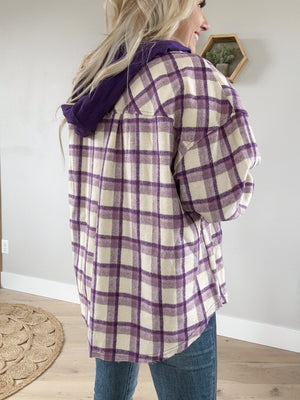 Moment in Time Long Sleeve Checkered Knit Hooded Top in Purple