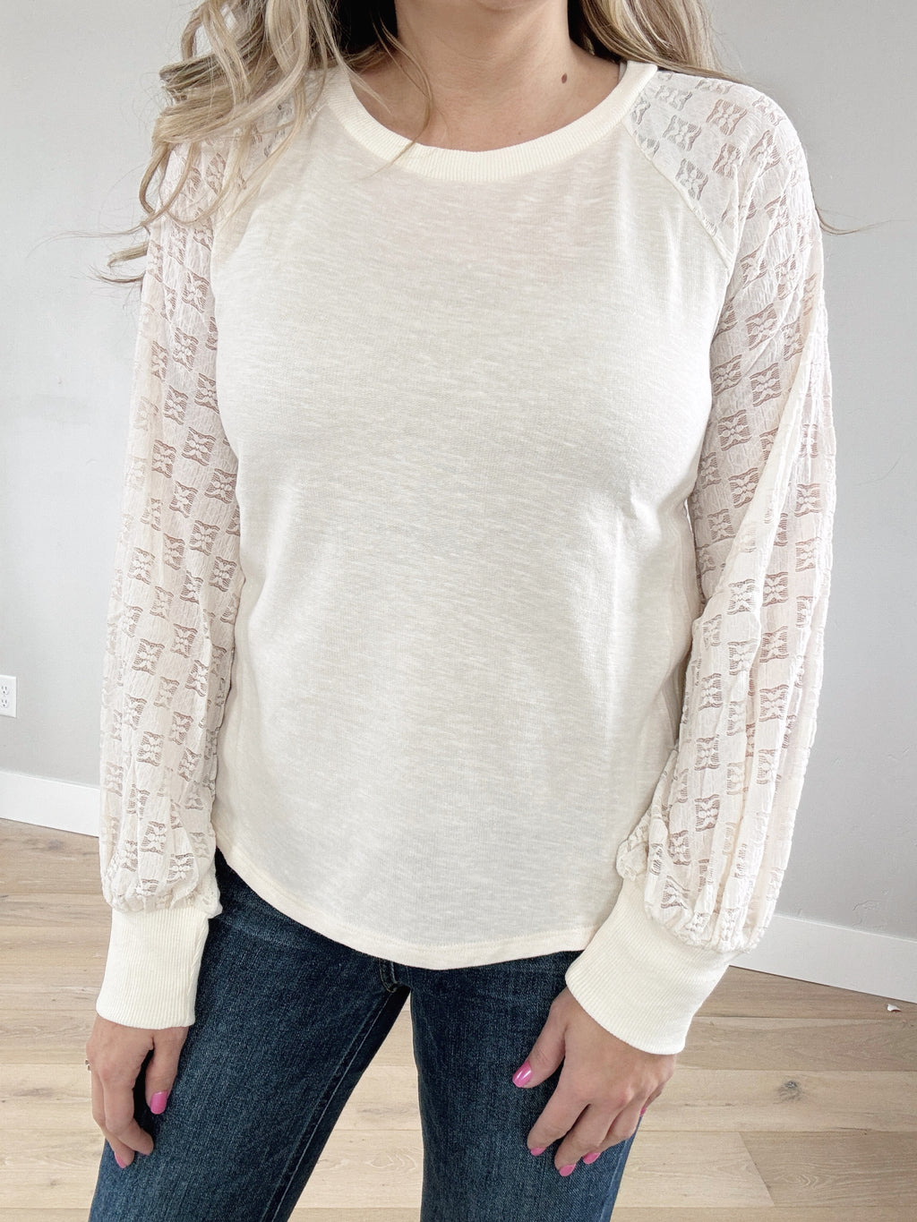 Life Elevated Lace Bubble Sleeve Top in Cream